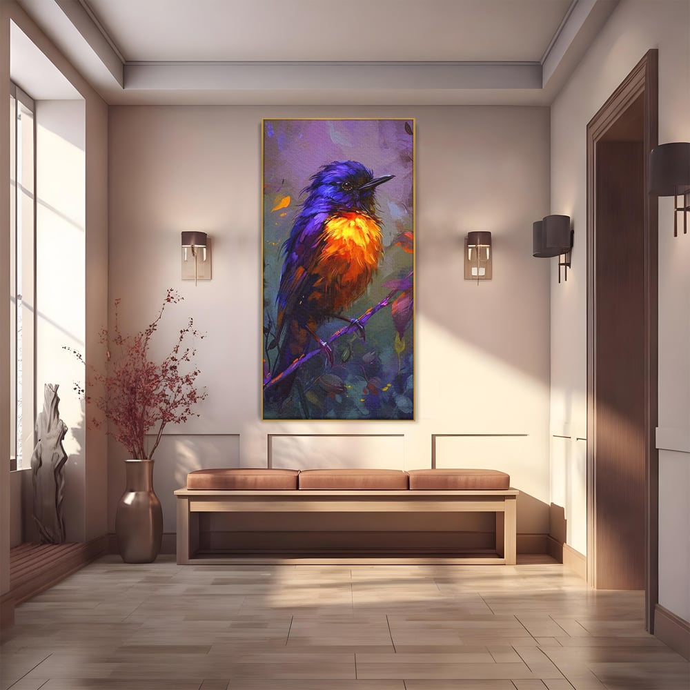 Tablou canvas cu tablou canvas cu pasare colorata pe ramura, in rama de aluminiu auriu